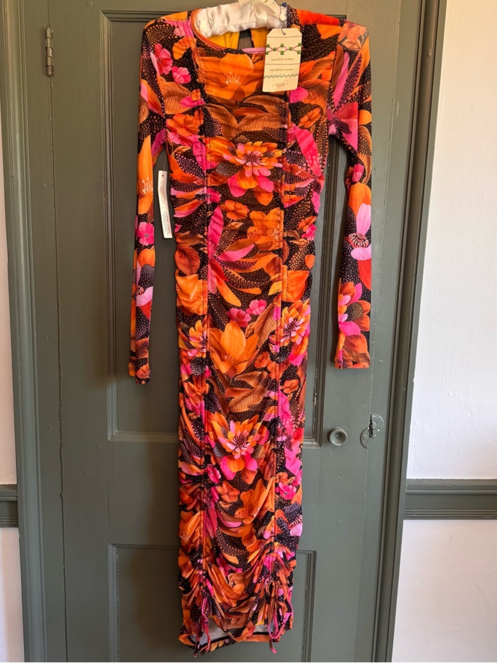Farm Rio Ruched Long-Sleeve Floral Mesh Dress in Bright Floral NWT